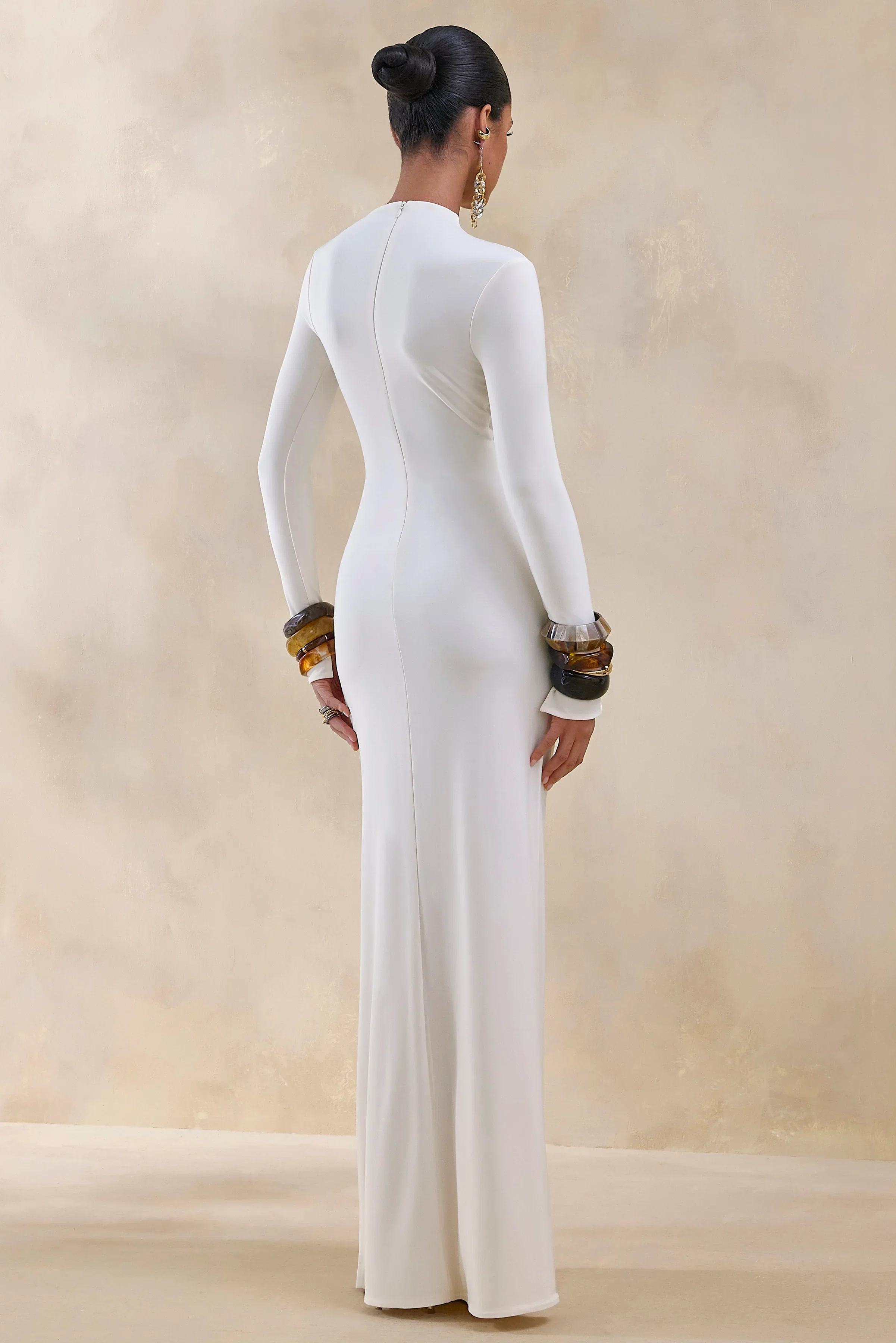 Karessa | Cream High-Neck Maxi Dress With Gathered Detailing And Front-High Split