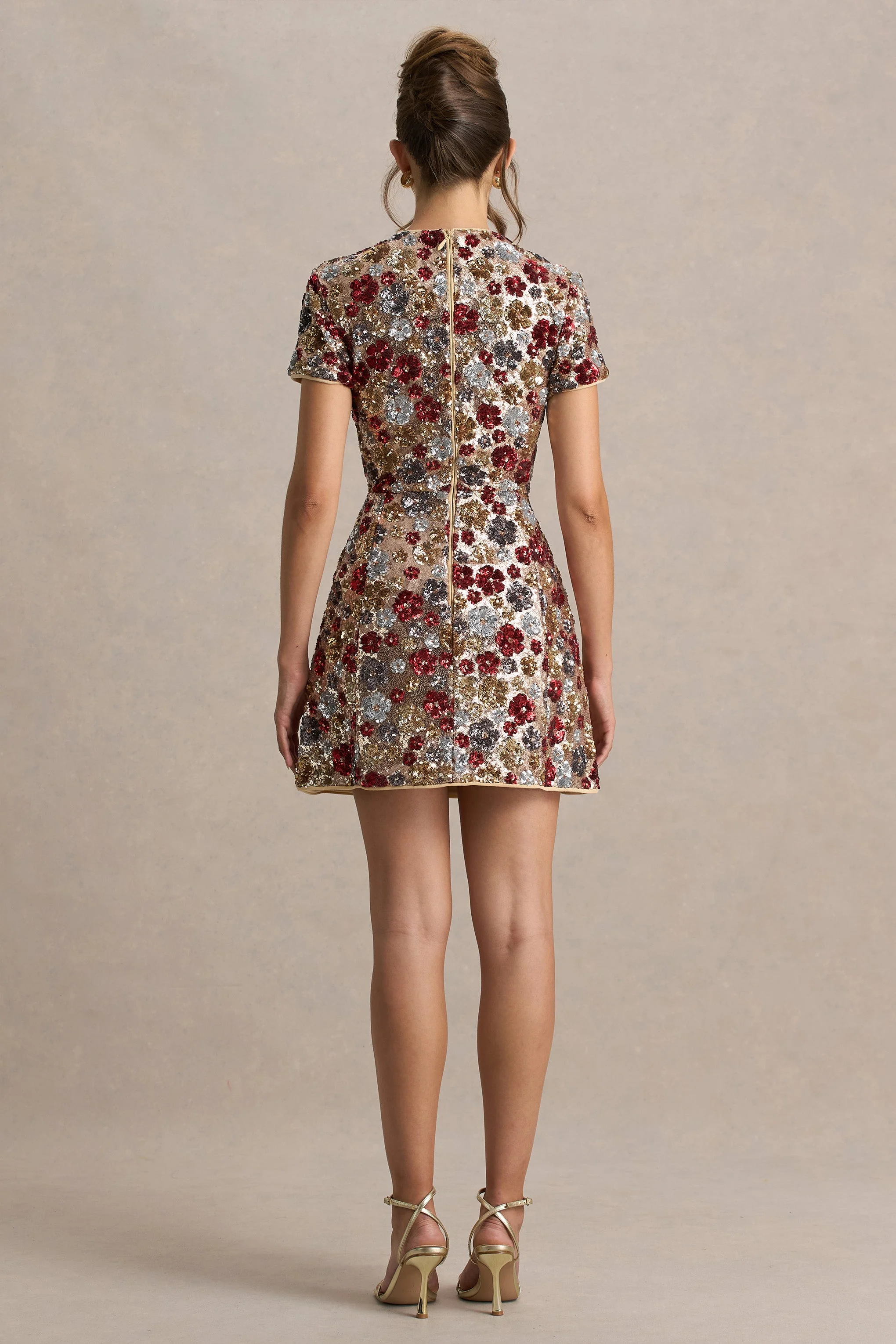 Eira | Red Floral Embellished Sequin Crew-Neck Mini Dress
