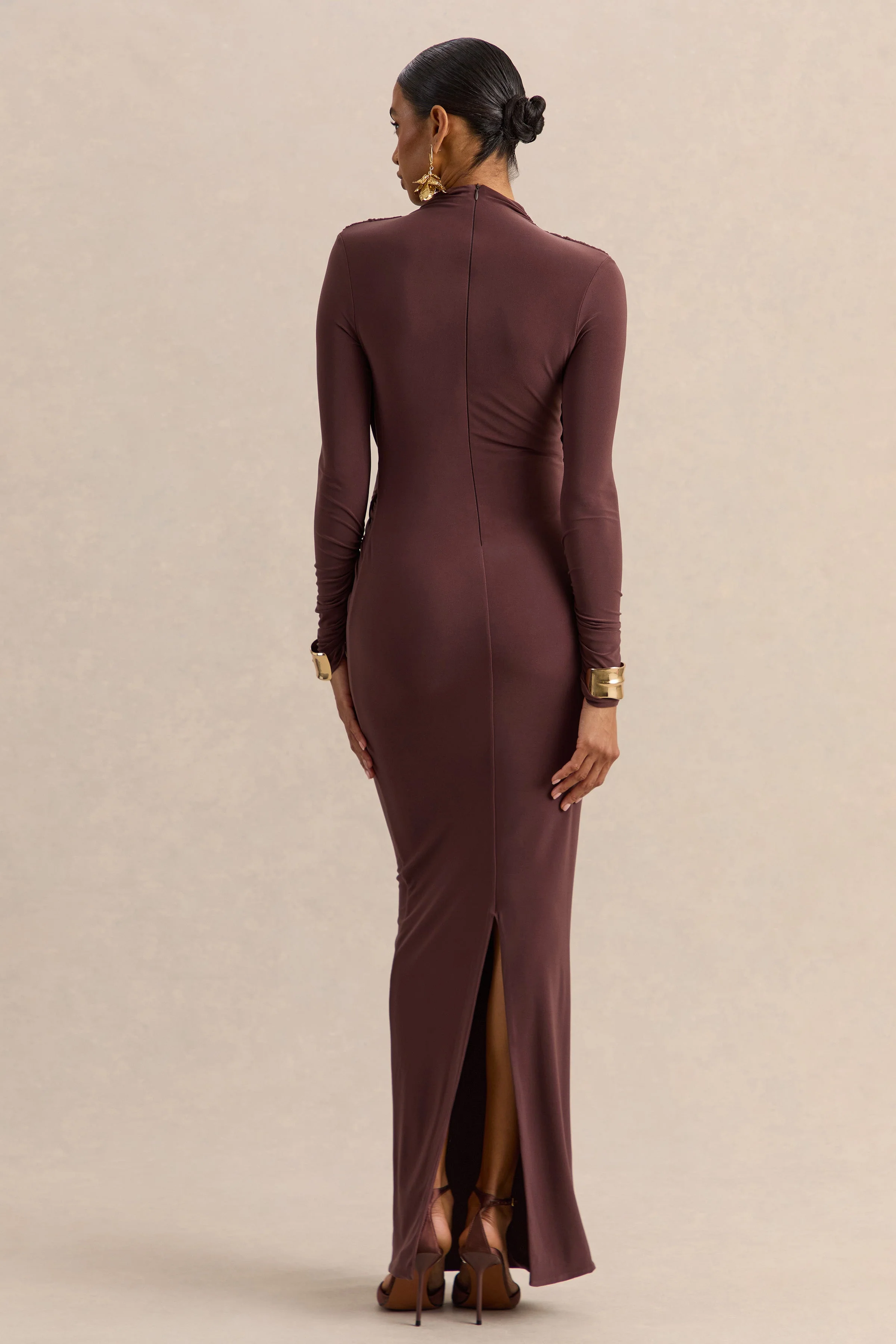 Karinthia | Brown High-Neck Maxi Dress With Draped-Detailing