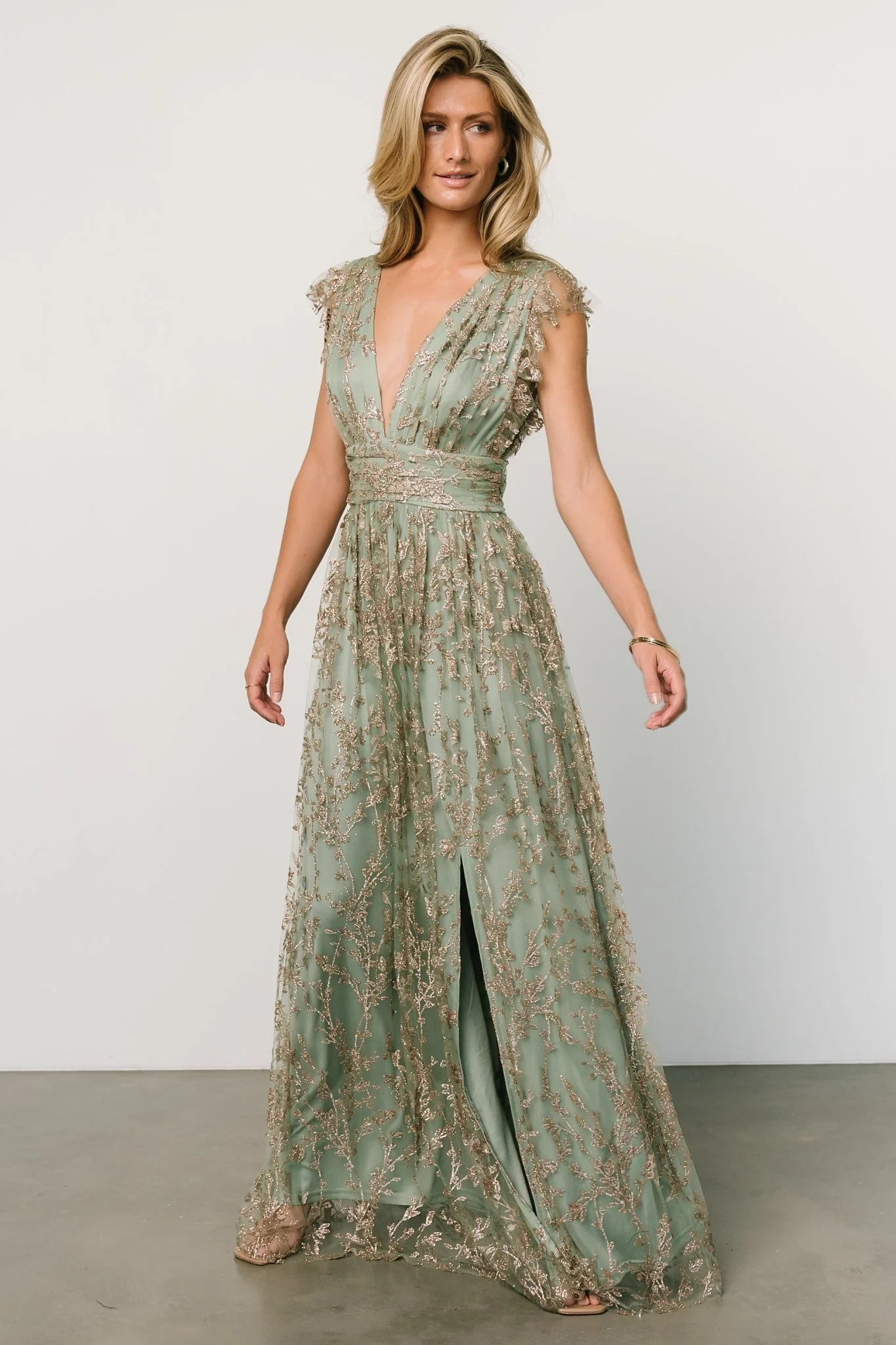 Arlene Shimmer Gown | Sage + Gold