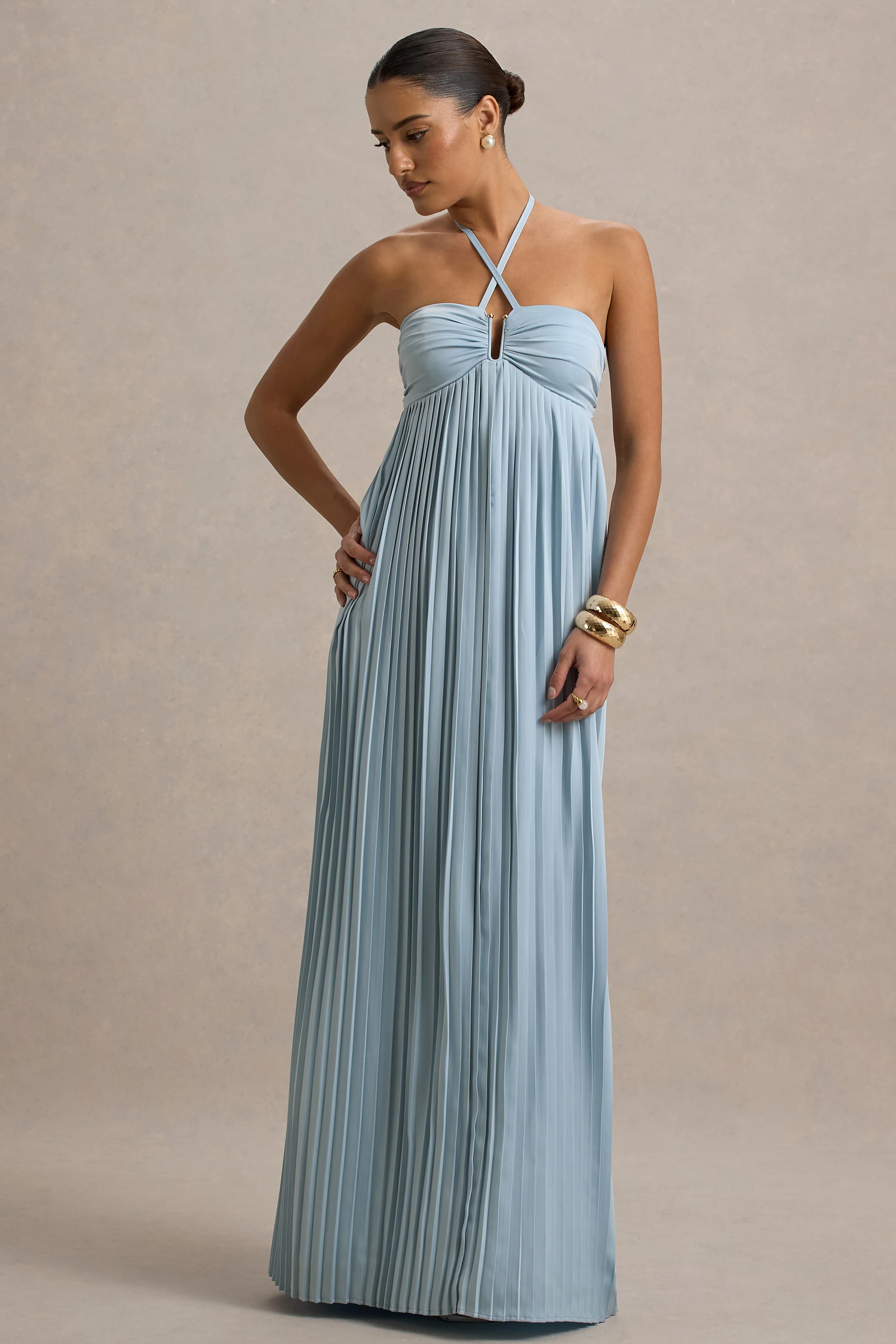 Elayne | Powder Blue Halter-Neck Maxi Dress With Cut-Out Detail