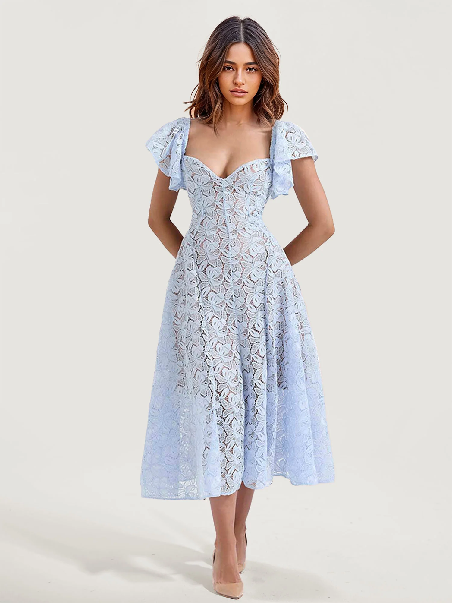Lace Midi Dress with Flutter Sleeves