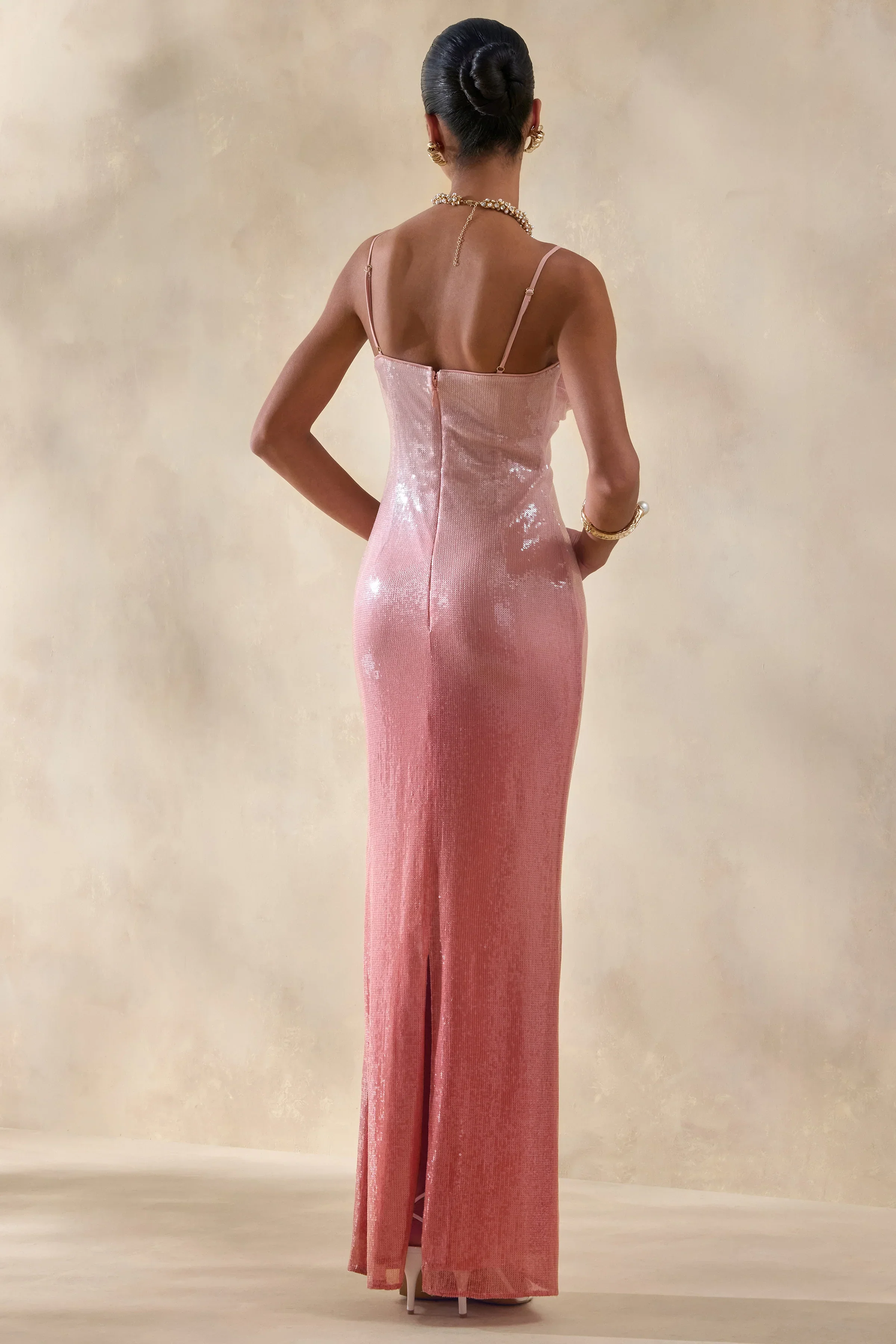 Feloria | Coral Ombre Sequin Cowl-Neck Maxi Dress