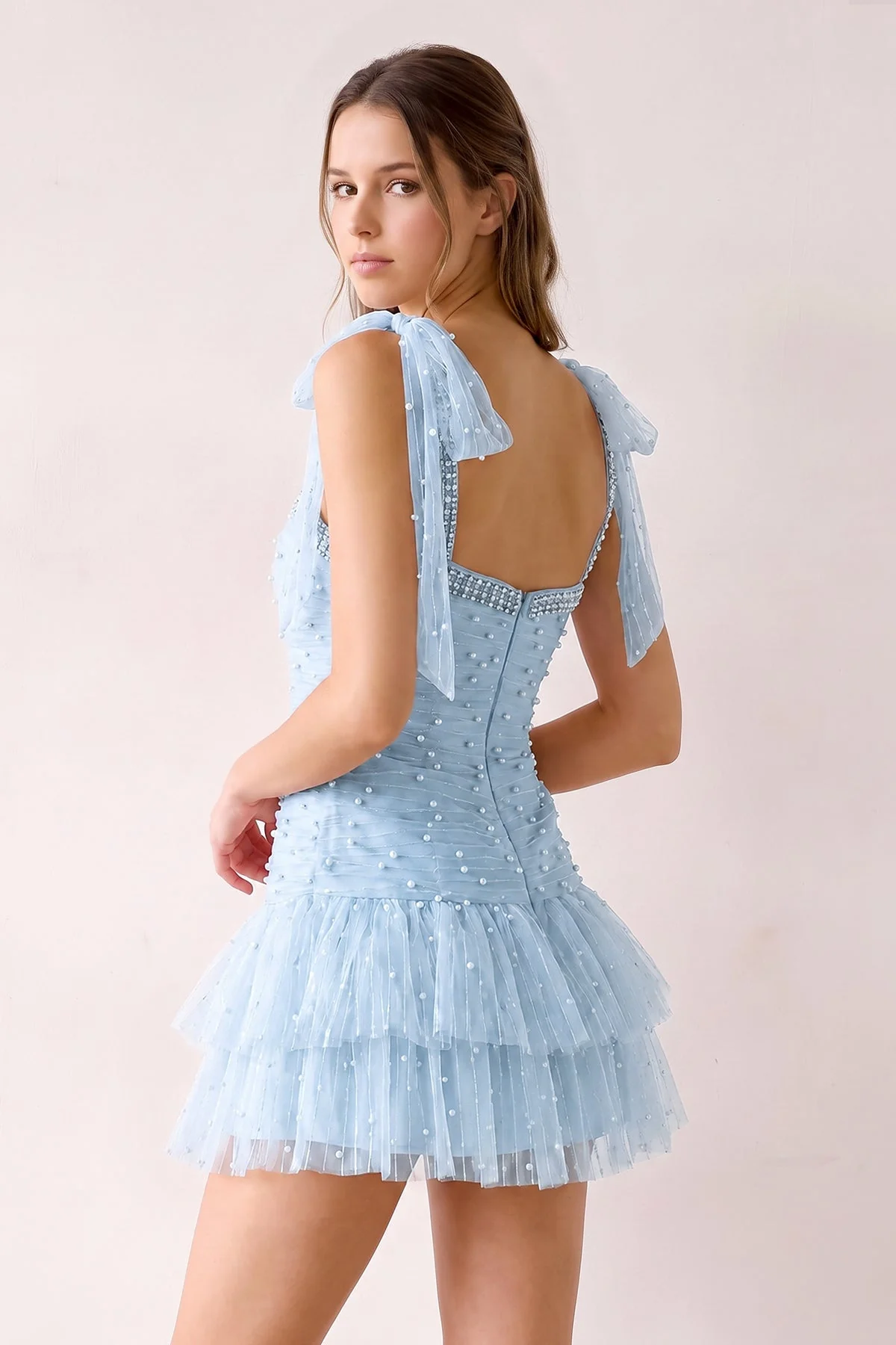 Pink Square Neck A-Line Ruffled Tulle Homecoming Dress with Pearl