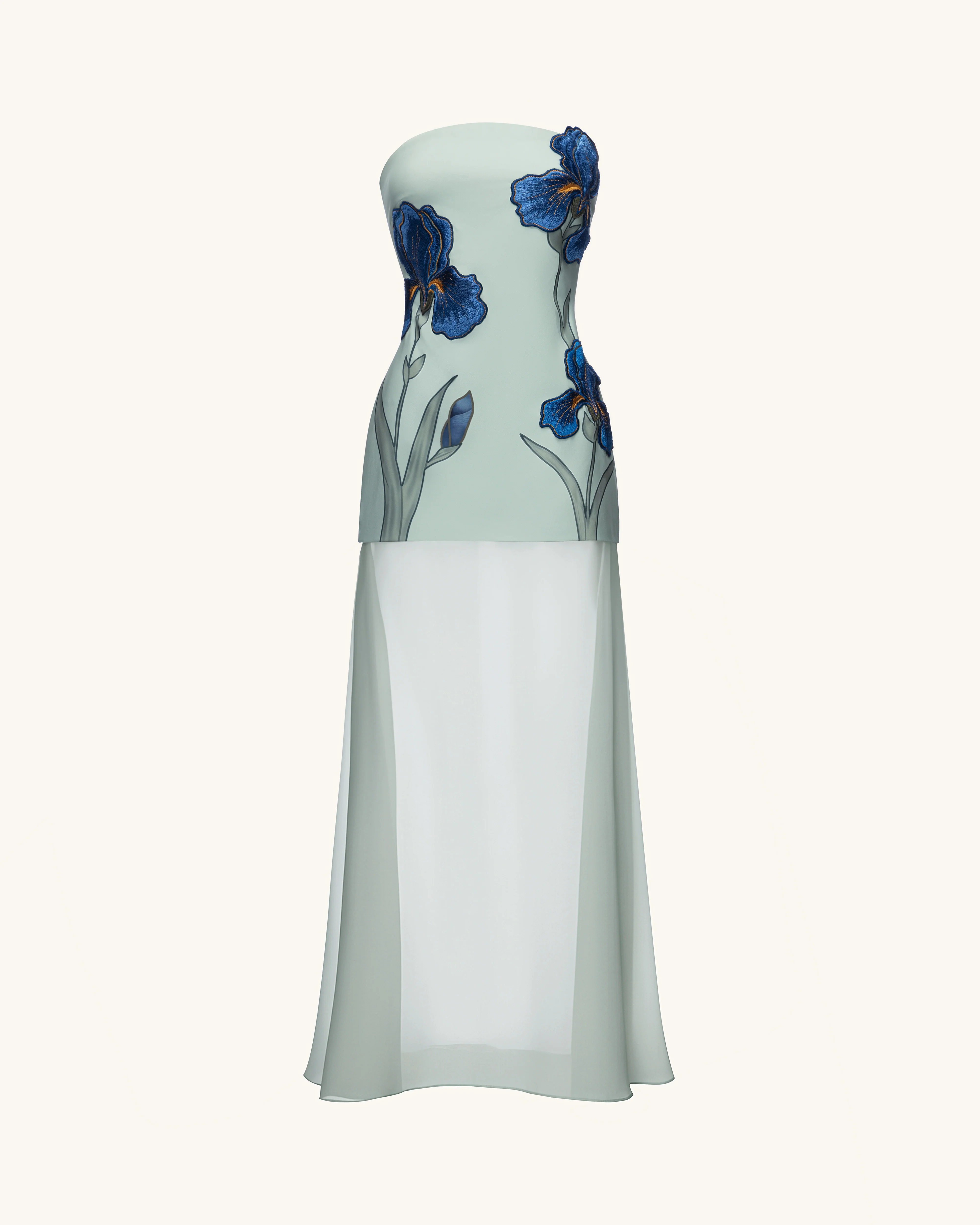 Iris Embroidered Strapless Sheer Overlay Maxi Dress - Sage Green - FASHION NOB