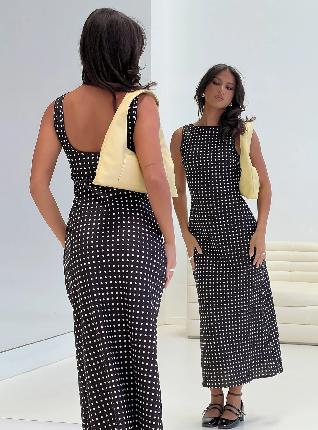 Voyager Linen Blend Midi Dress Black Polka