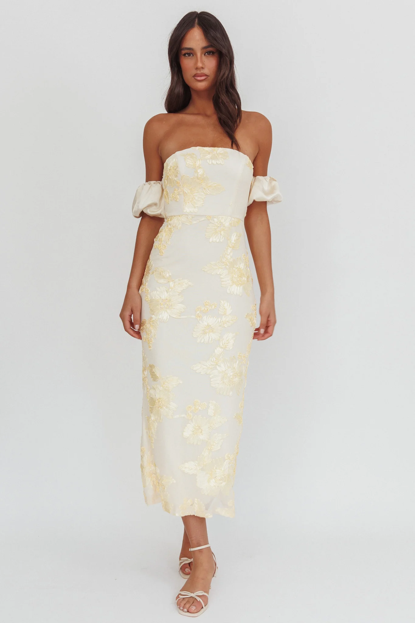 Roman Holiday Puff Sleeve Embellished Midi Dress Gold
