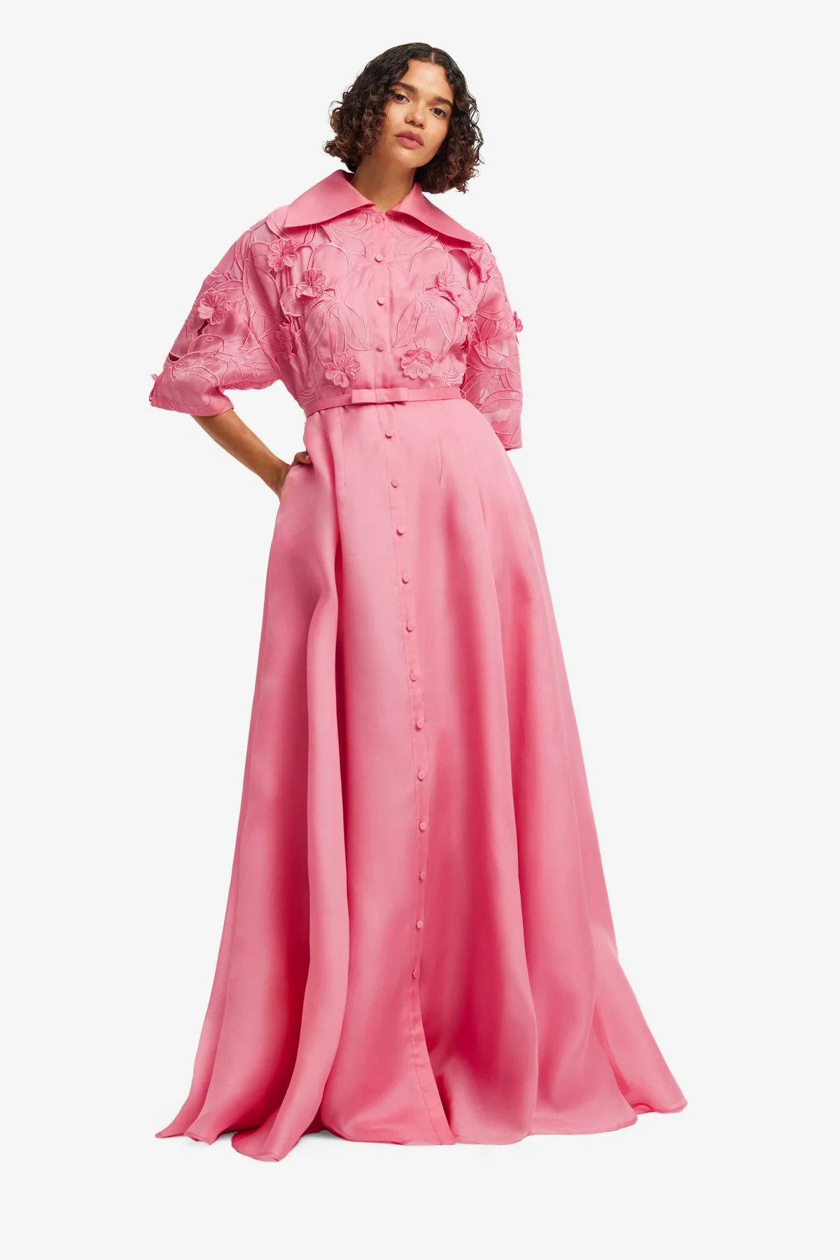 Junia Appliqué Puff Sleeve Silk Gown - Fuchsia