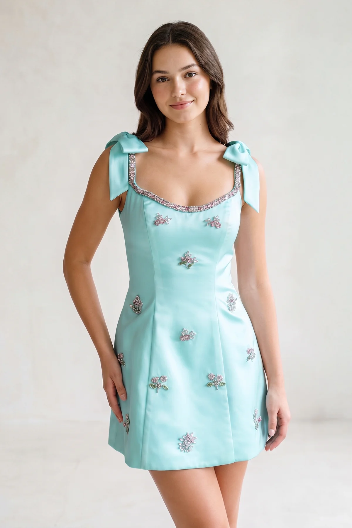 White Scoop Neck A-Line Satin Beaded Homecoming Dress with Bow
