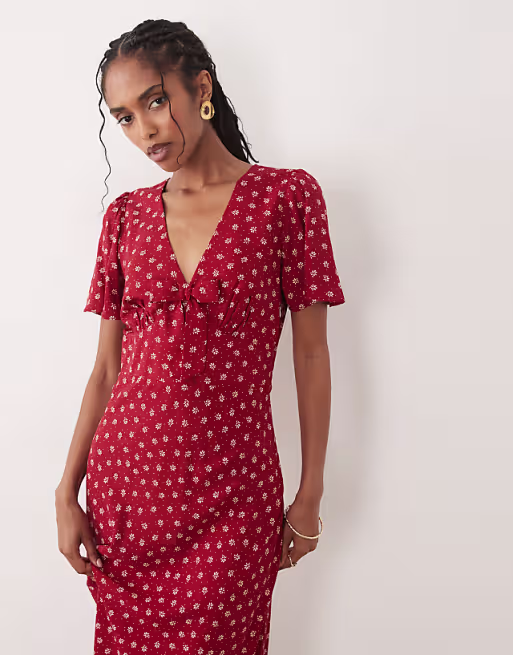 Nobody's Child Faith v-neck flutter sleeve midi dress in red floral