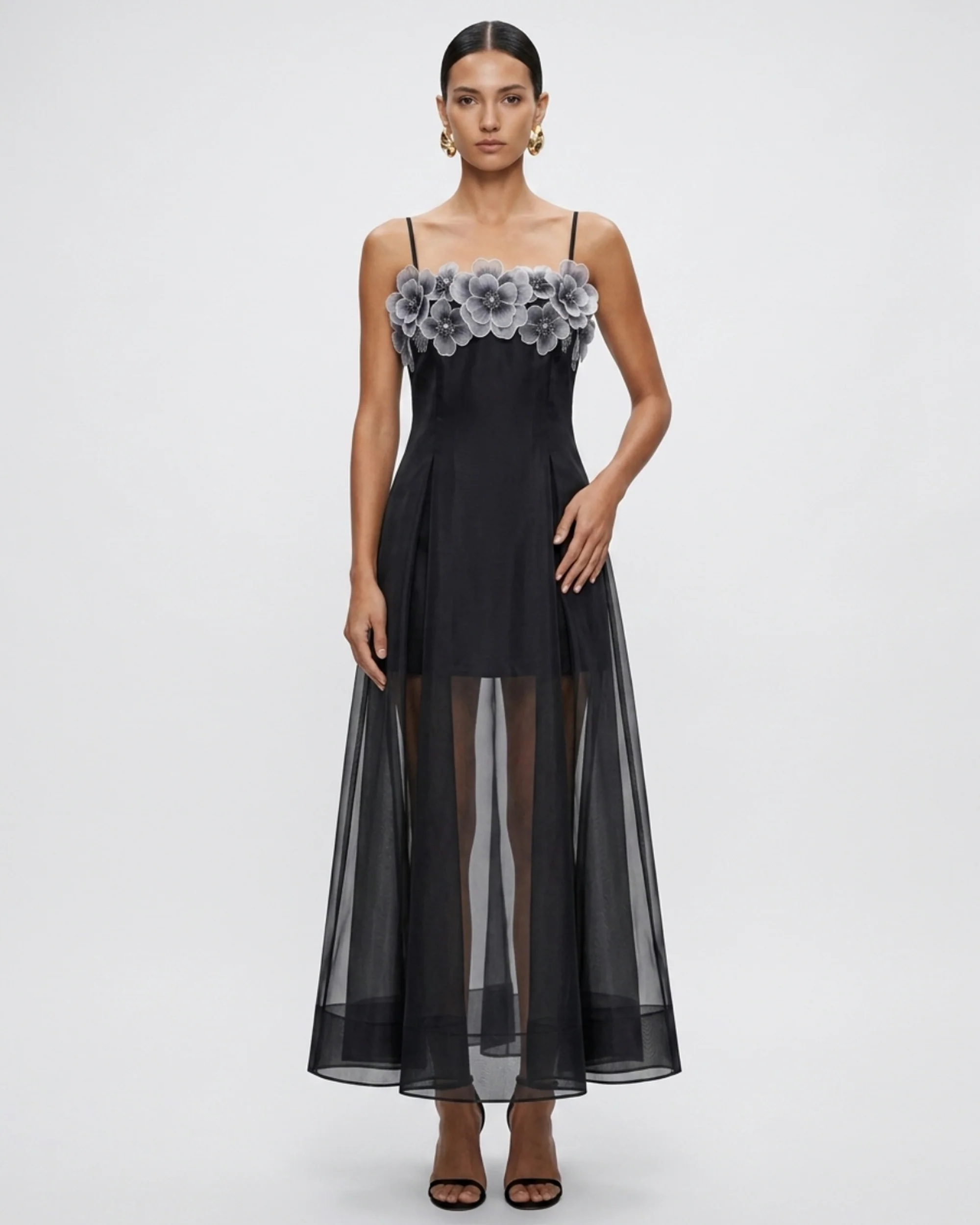Floral Embroidered Sheer Layered Maxi Dress - Black - FASHION NOB