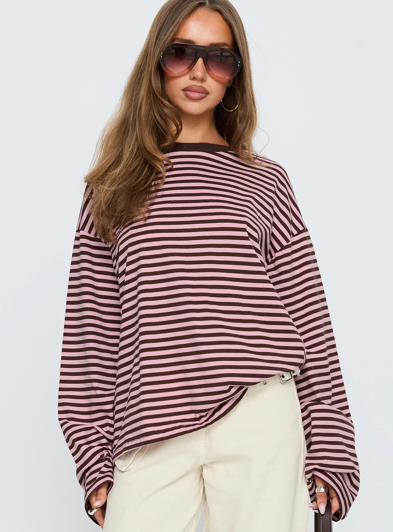 Settle Down Long Sleeve Top Pink / Brown Stripe