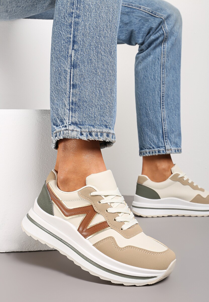 Ciemnobeżowe Sznurowane Sneakersy z Ekoskóry na Grubej Podeszwie Literna