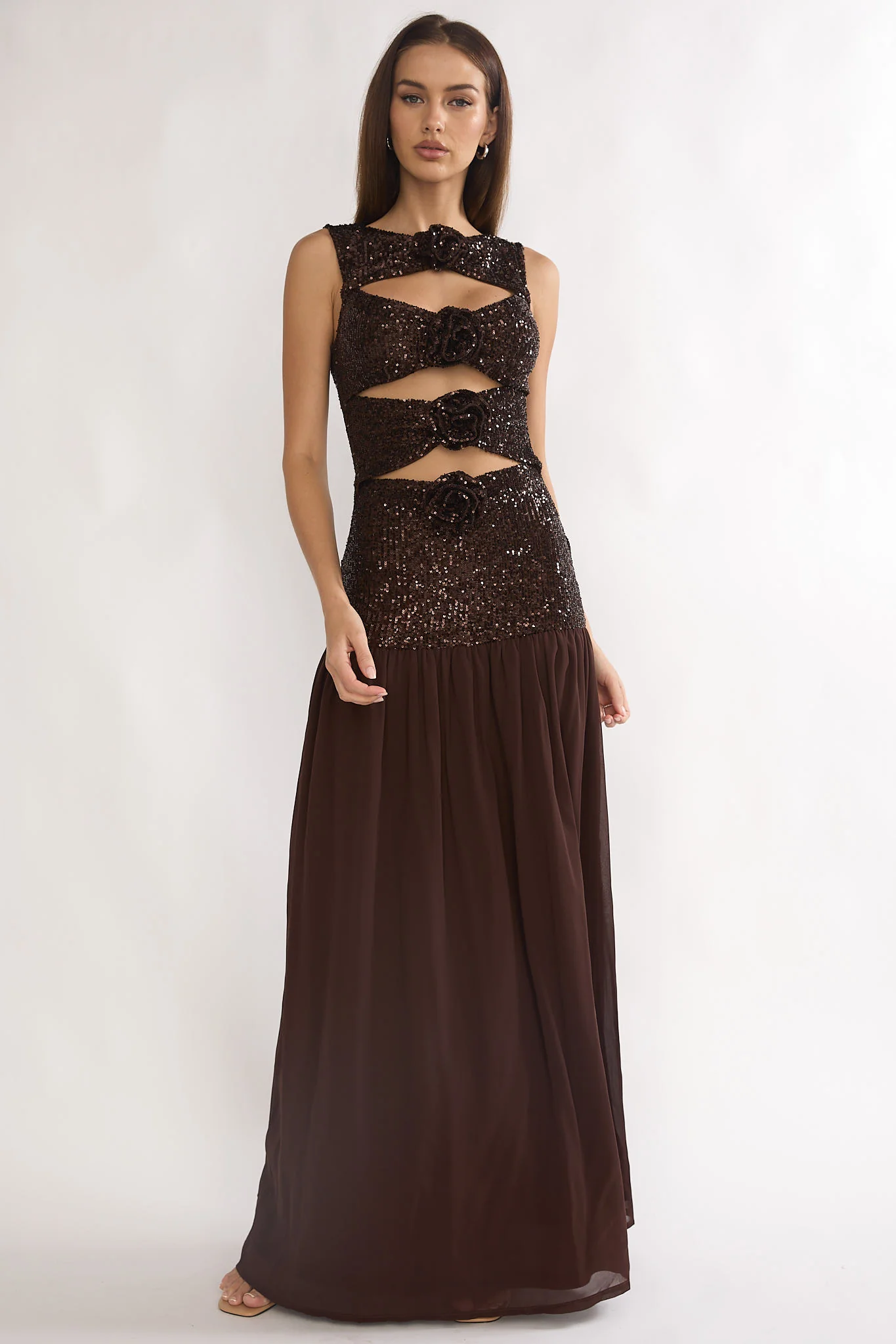 Dioris Rosette Cut-Out Sequin Maxi Dress Sequin Choco