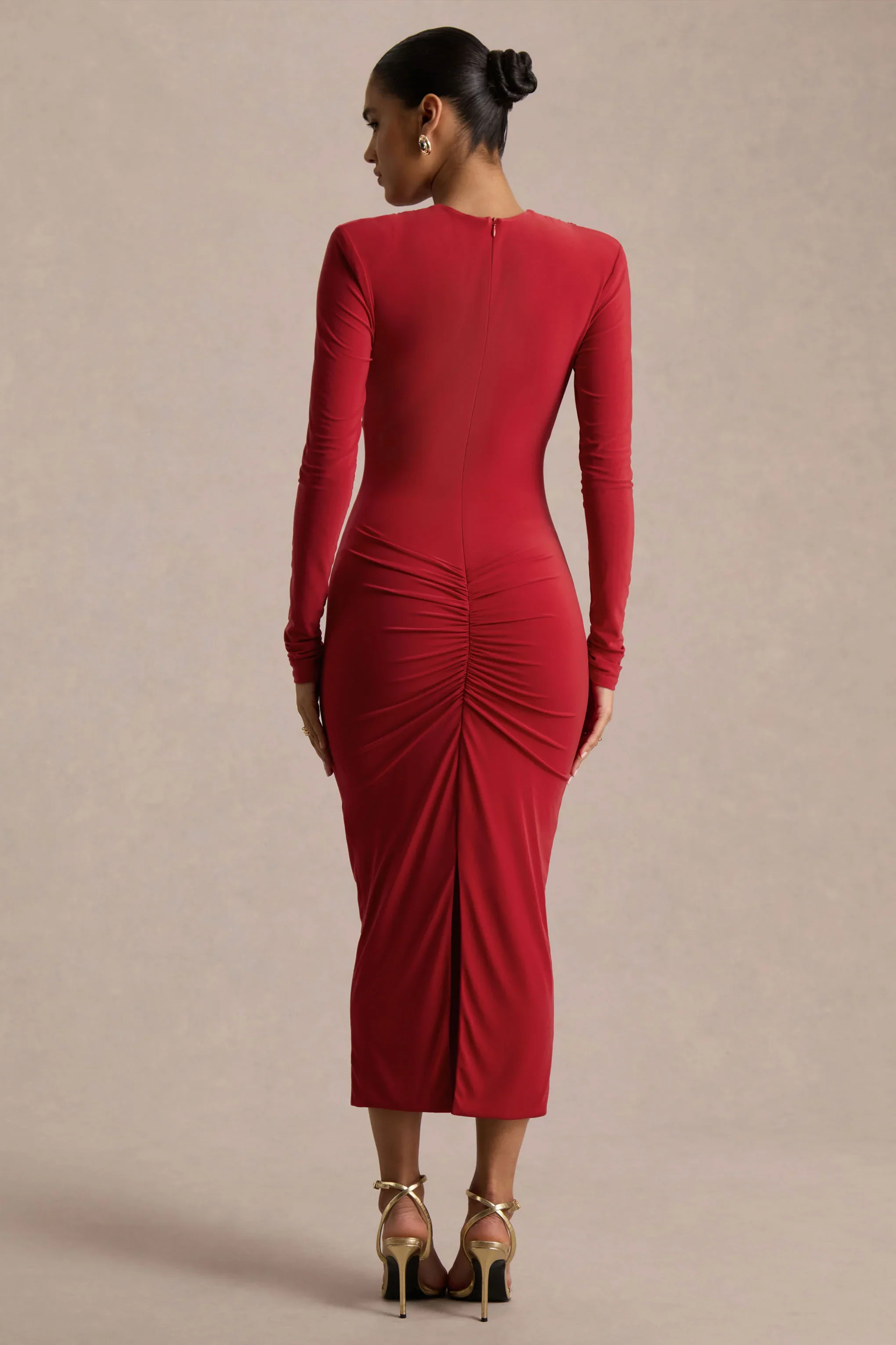Ivara | Red Plunge-Neck Maxi Dress With Ruched Detailing And Sash