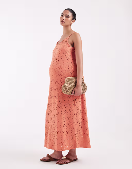Vero Moda Maternity jersey floral broderie cami midi dress in orange
