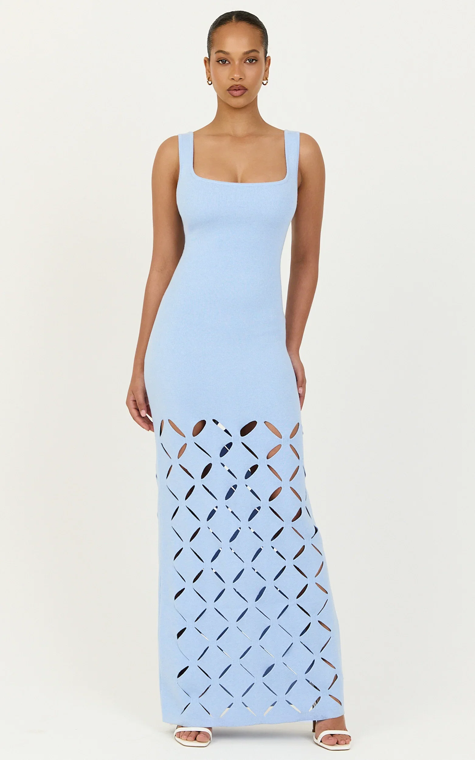 Sabrina Maxi Dress - Scoop Neck Laser Cut Dress in Blue