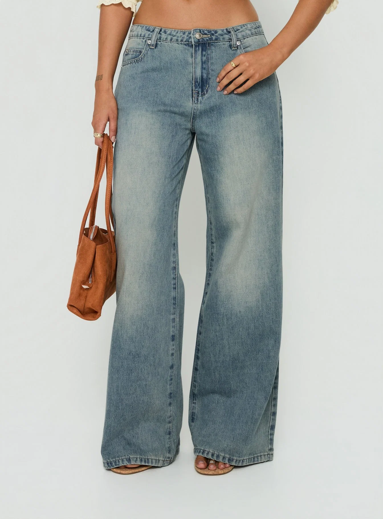 Karlos Low Rise Cinched Baggy Jeans Vintage Mid Blue Wash - FASHION NOB