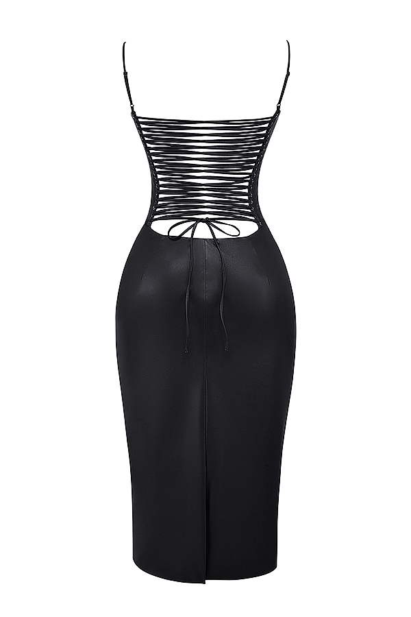 Black Vegan Leather Lace Back Dress