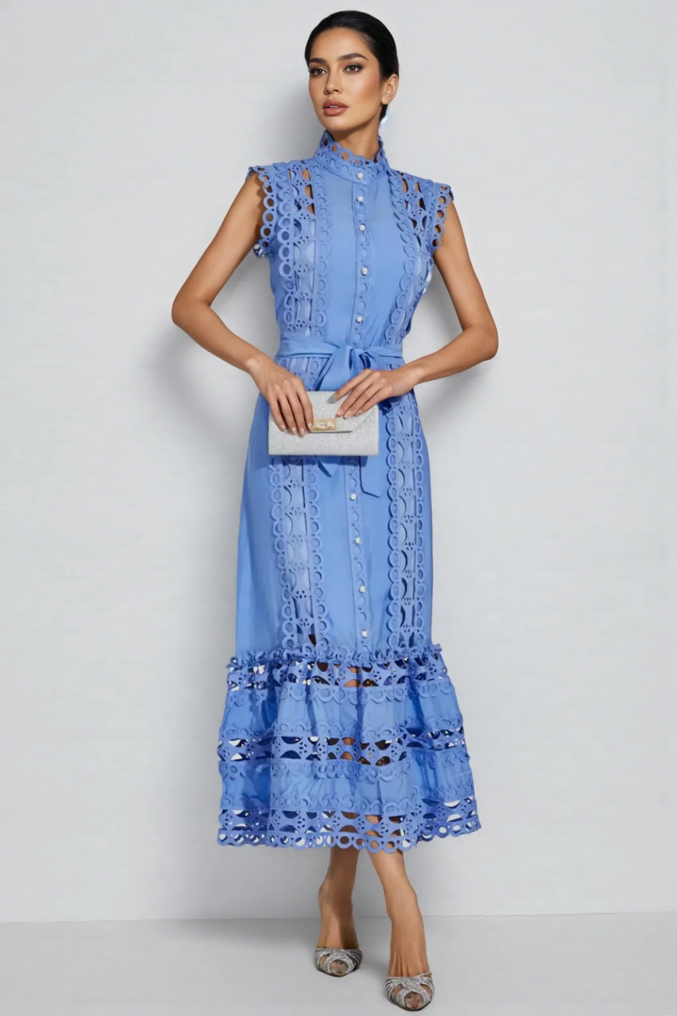 Mellies Blue Sleeveless Hollow Maxi Dress
