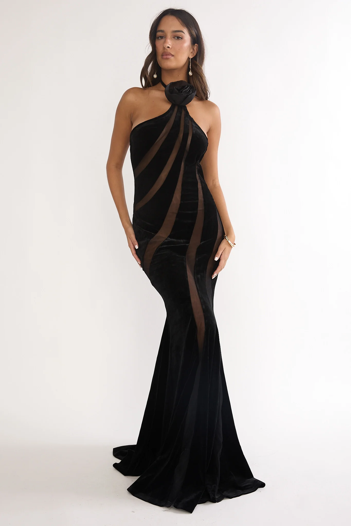 Azelia Velvet Mesh Maxi Dress Black - luluinthesky
