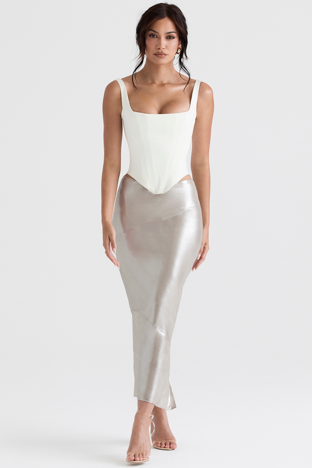 shimmer champagne midi skirt