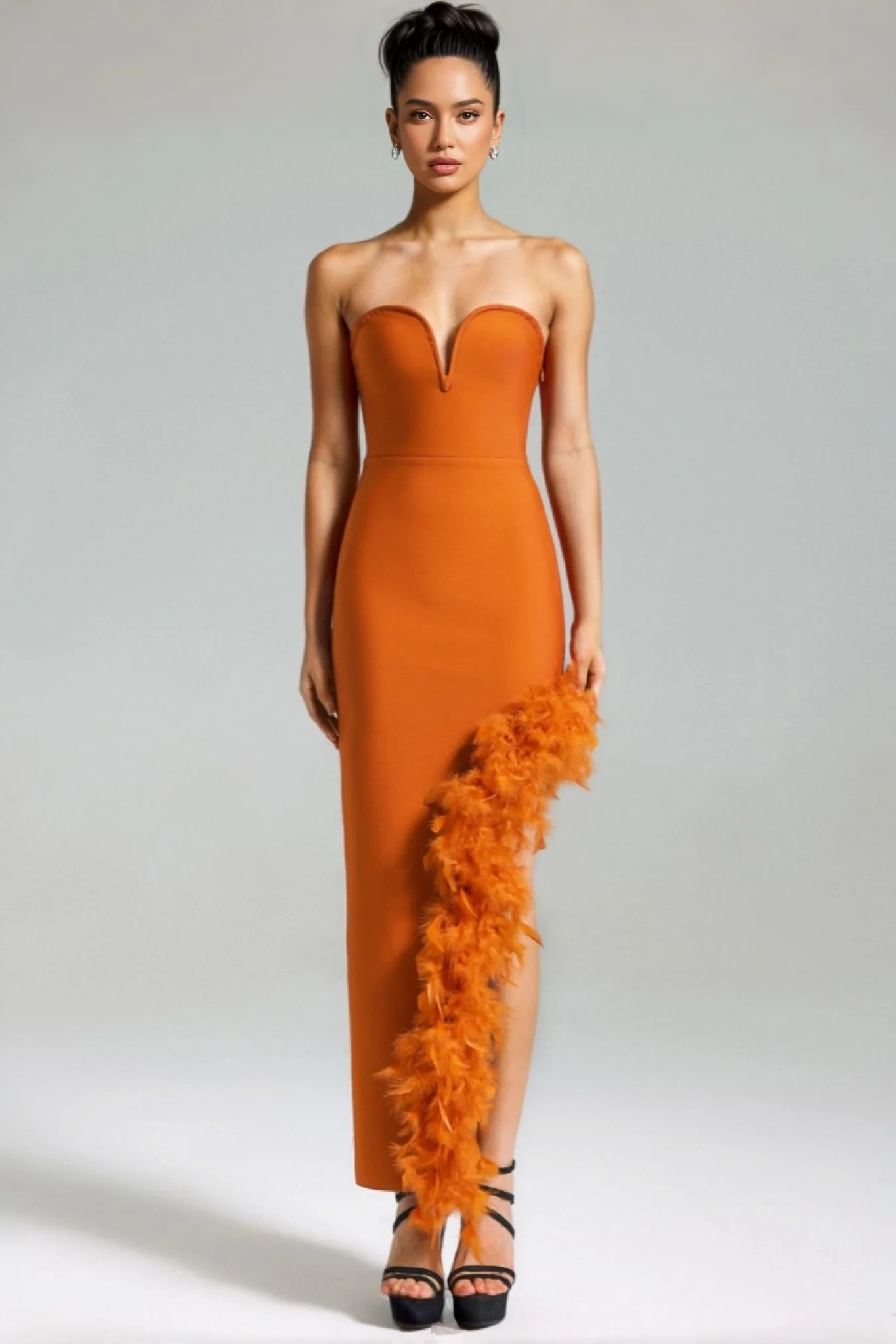 Yeli Feather Slant Hem Bandage Maxi Dress