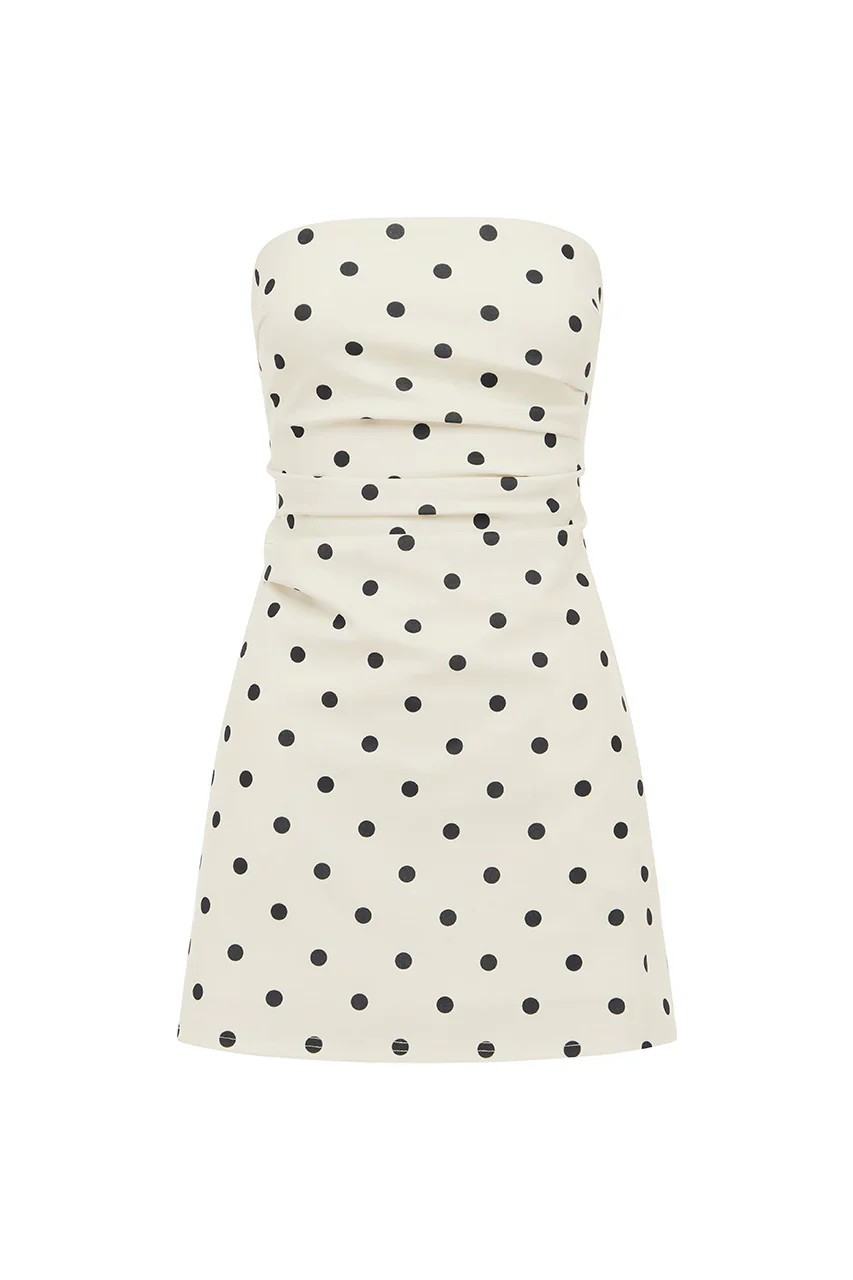 CAIRO STRAPLESS MINI DRESS - WHITE/BLACK POLKA - luluinthesky