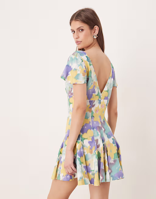 mini tea dress with godet hem in blue floral print