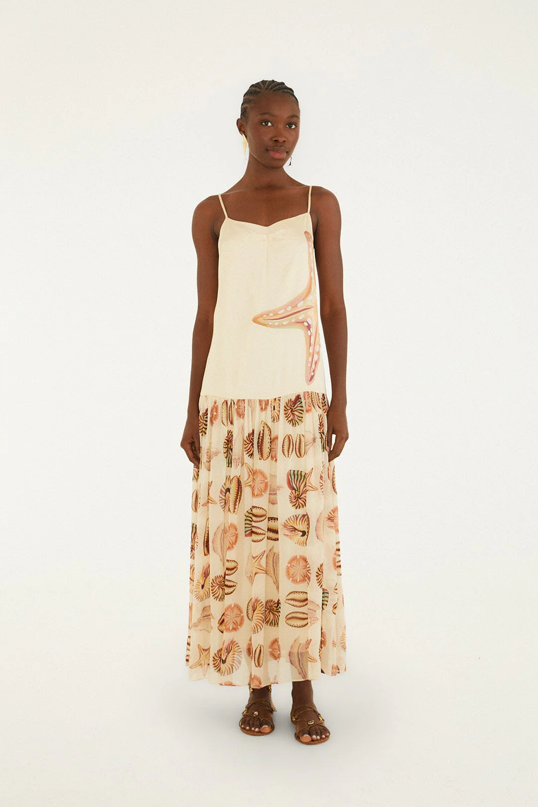 Sand Marine Shells Pleated Sleeveless Maxi Dress