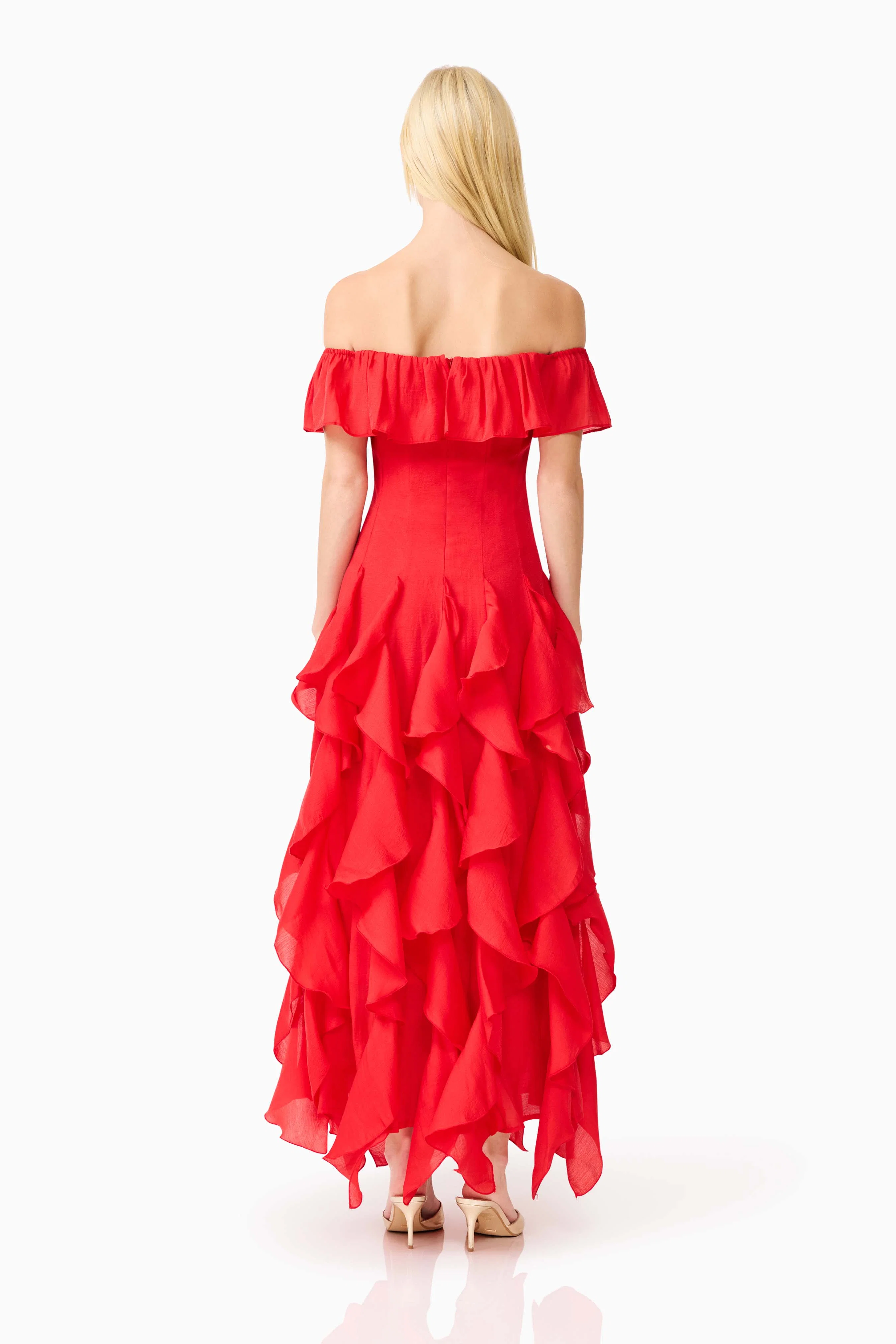 Yvette Off Shoulder Gown in Vermilion Red