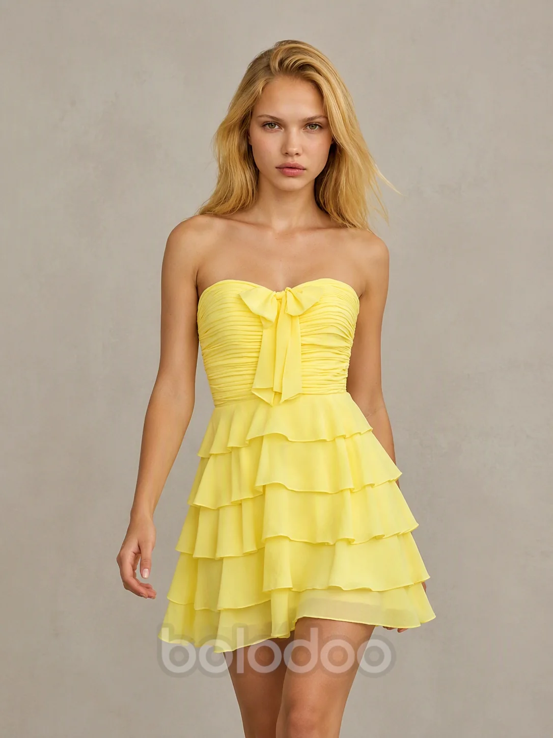 BOLODOO Butter Yellow Tiered Bow Strapless Mini Dress