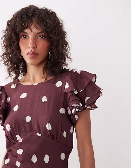 Nobody's Child Lola v neck back detail flutter sleeve midi dress in brown polka dot print