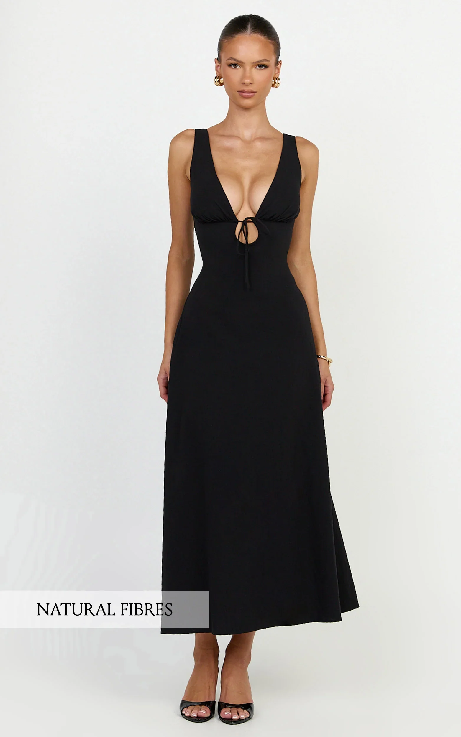 Silvena Midi Dress - Plunge Neckline Tie Front A Line Dress in Black