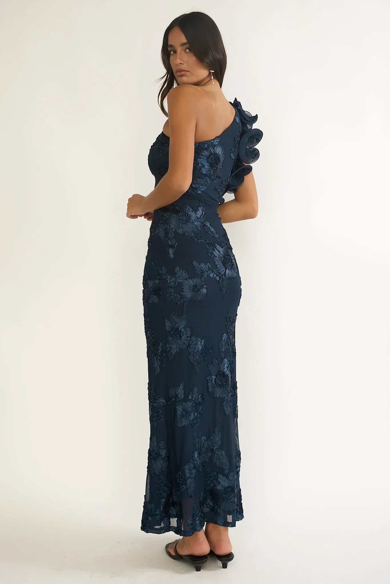 Deanna One-Shoulder Ruffle Maxi Dress Floral Navy