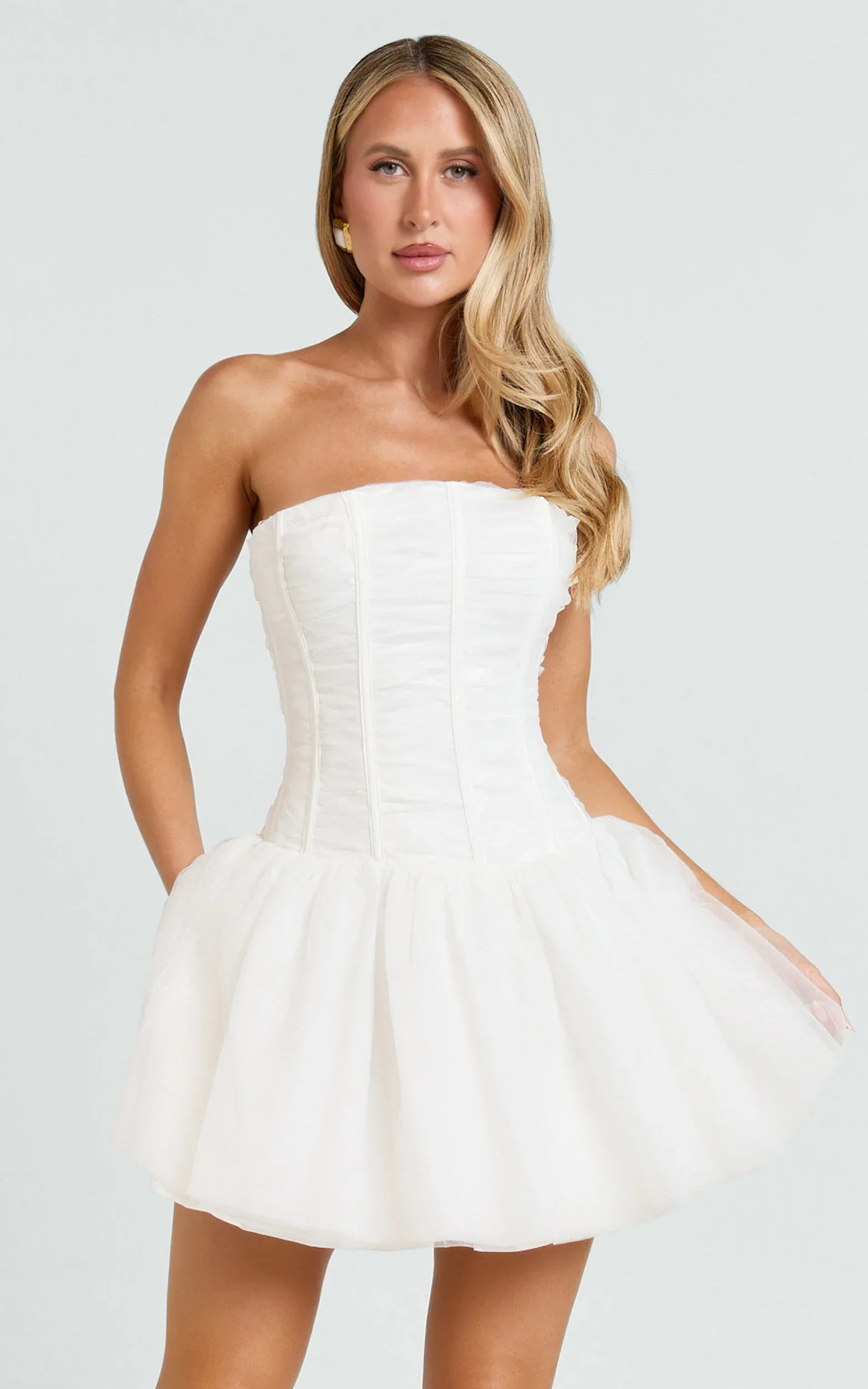 Selene Mini Dress - Ruched Corset Gathered Skirt Dress in Ivory