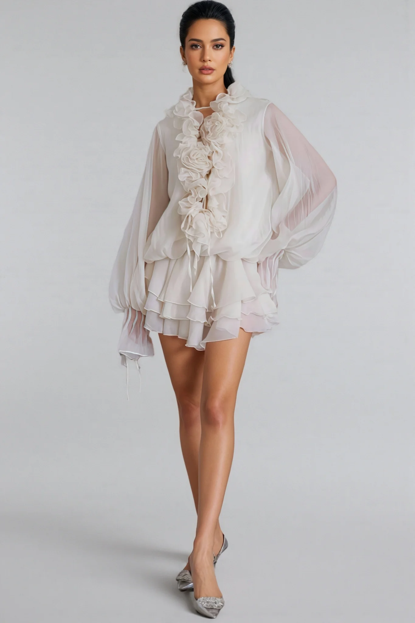 Elsonv 3D Floral Lantern Sleeve Mini Dress