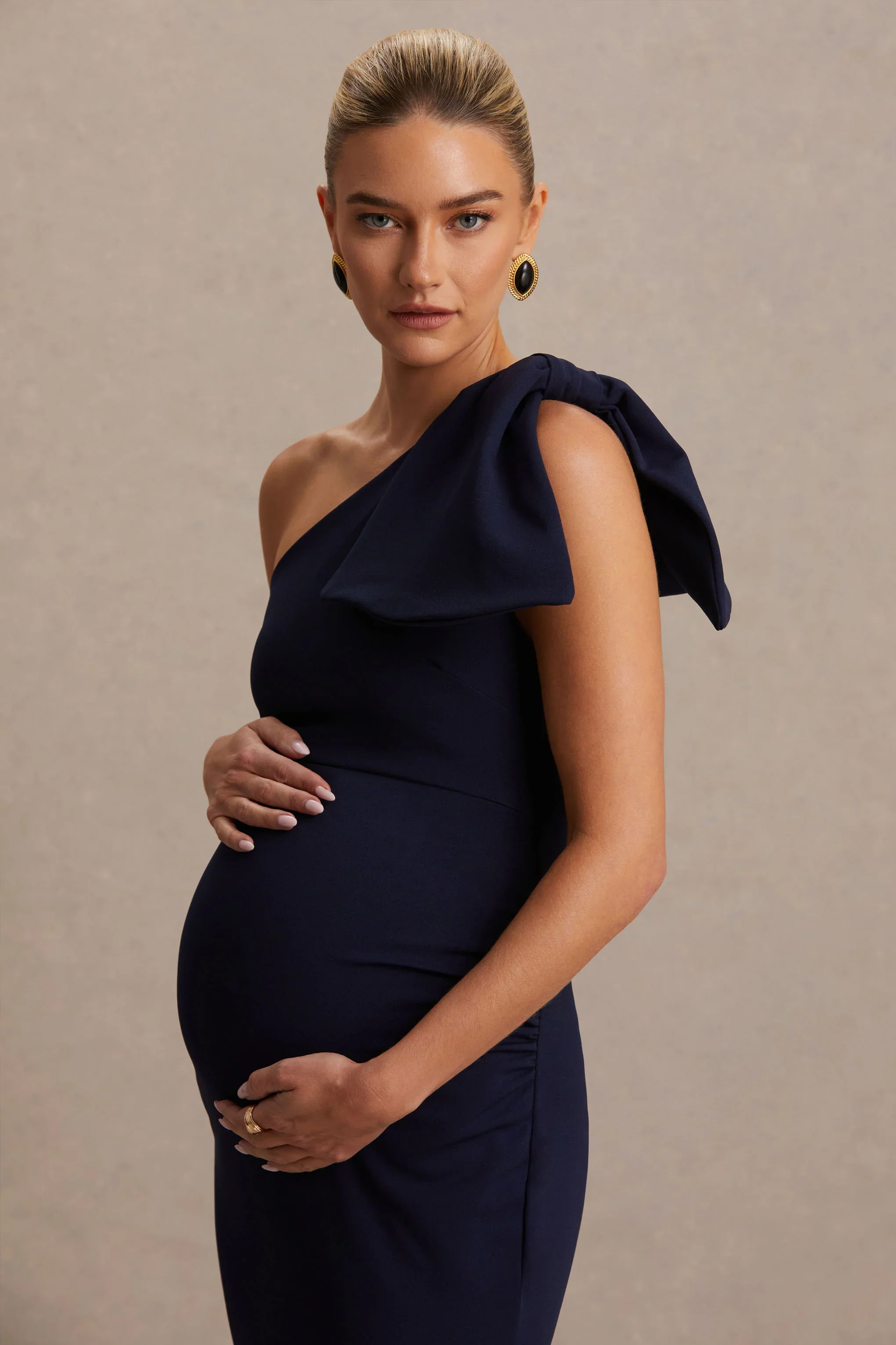 Adorn | Navy Asymmetric Maternity Midi Dress With Shoulder Bow Detail