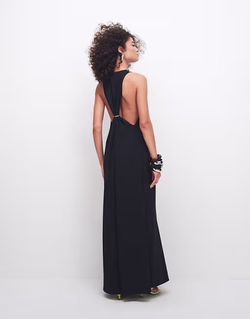 Weekday maxi dress with deep v neck and racer back metal detail in black