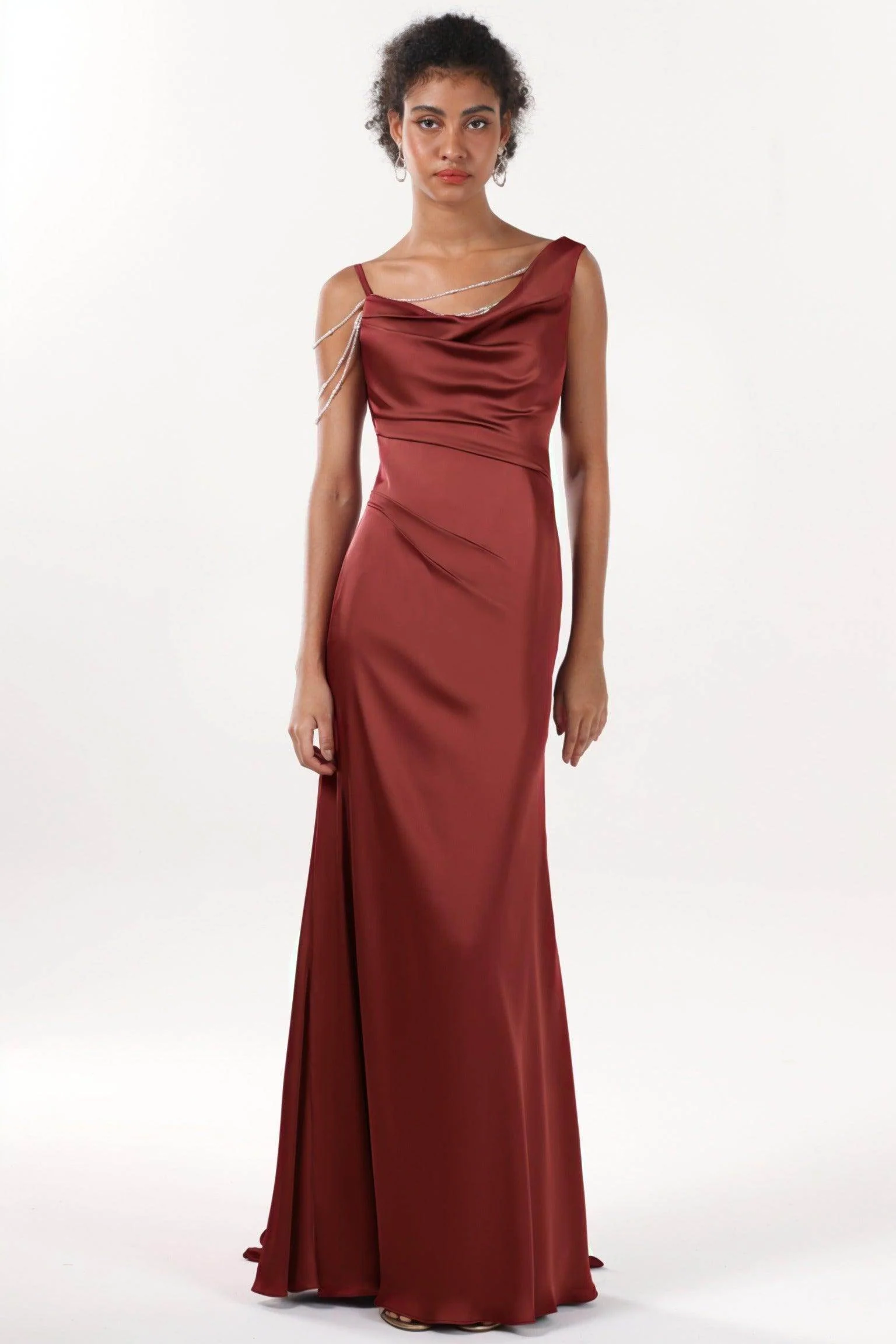 Sheath-Column Sweep-Brush Train Luxe Satin Bridesmaid Dress CS0600BM