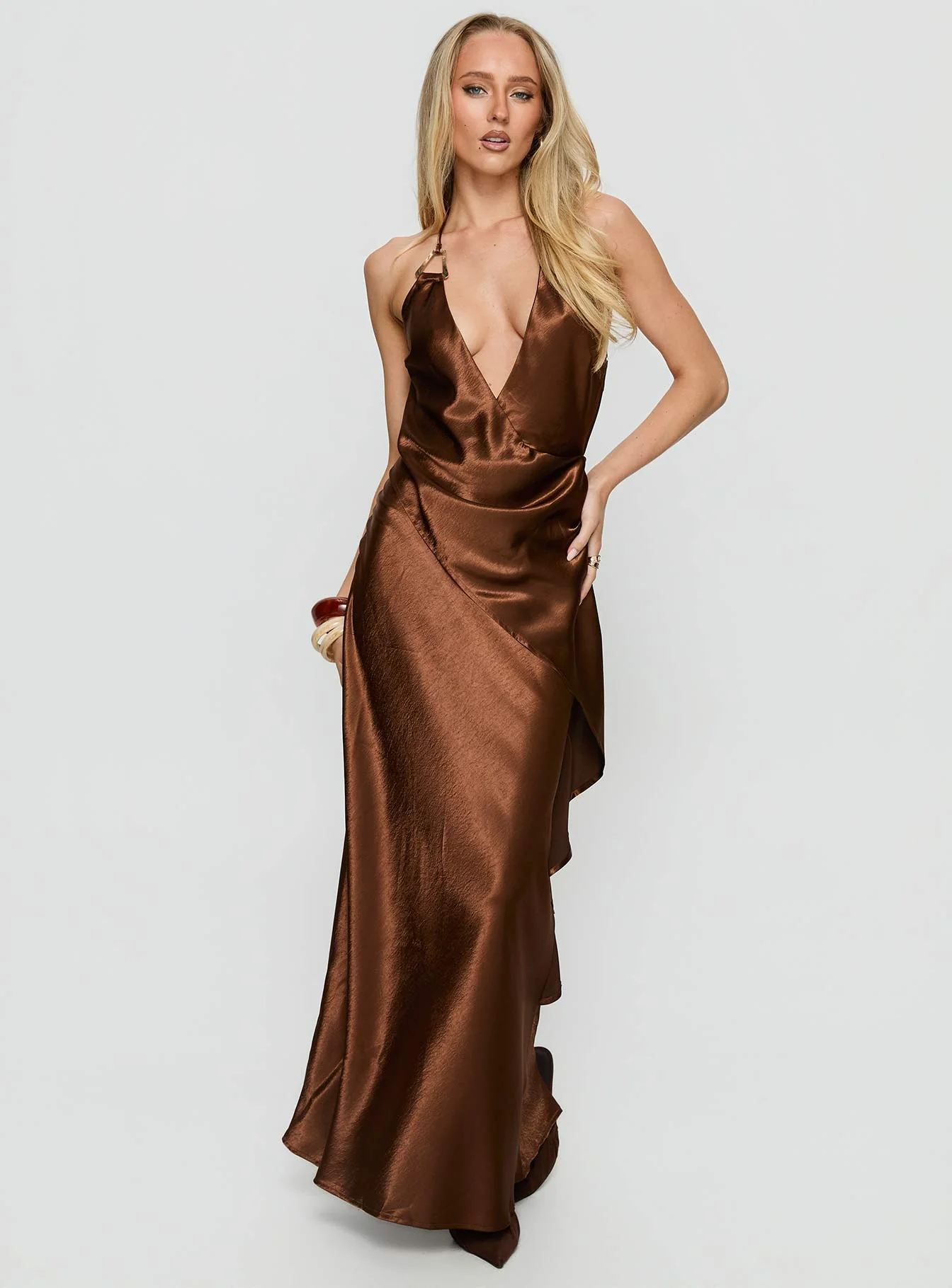 Annissa Plunge Halter Maxi Dress Dark Brown