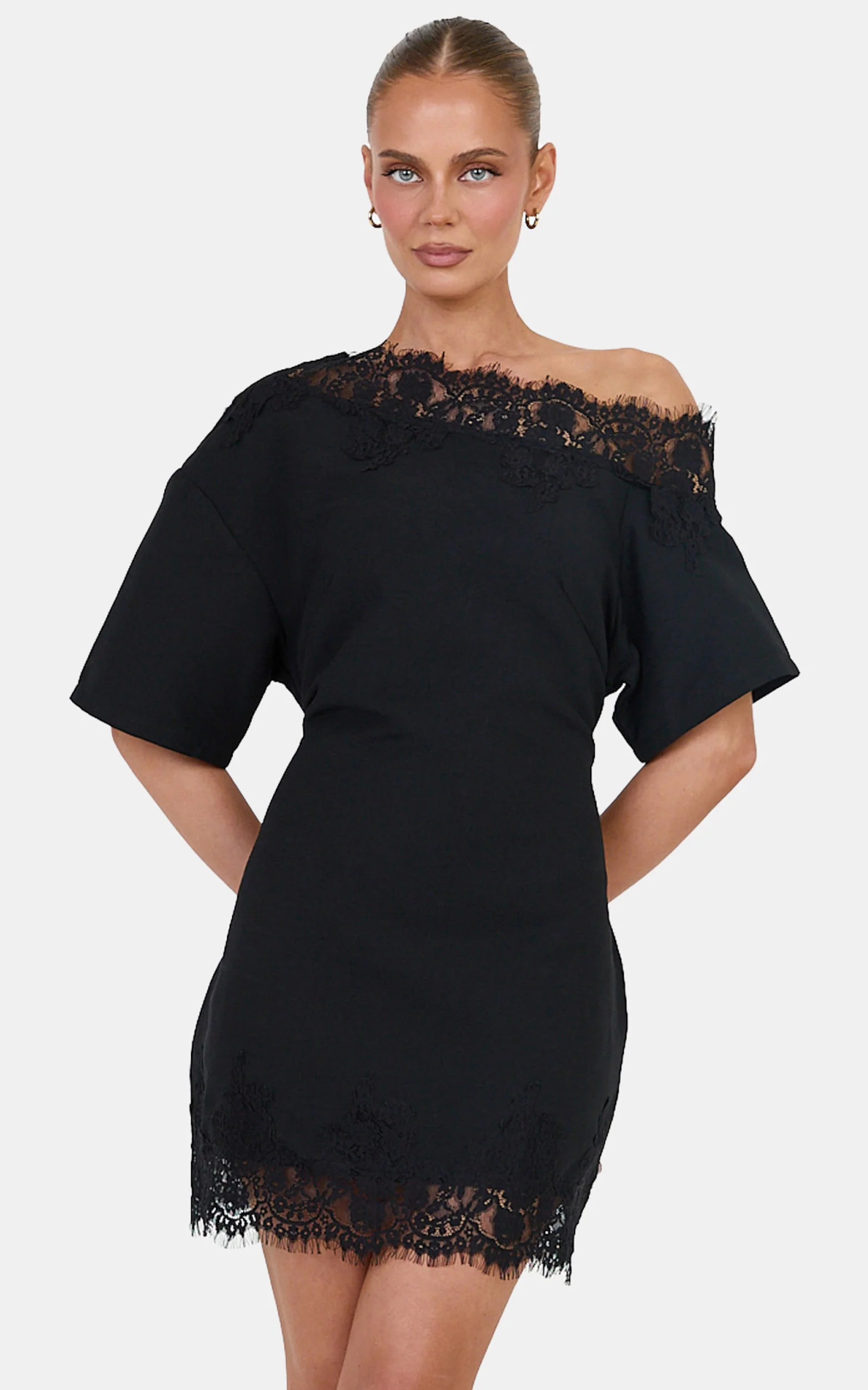Chantelle Mini Dress - Cotton Blend Asymmetrical Tie Back Lace Mini Dress in Black
