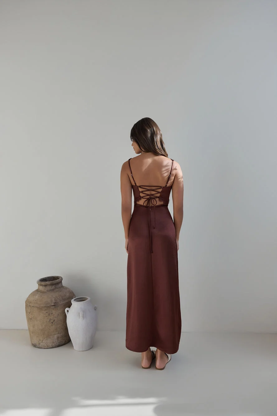 Romantic One Satin Maxi Dress Brown