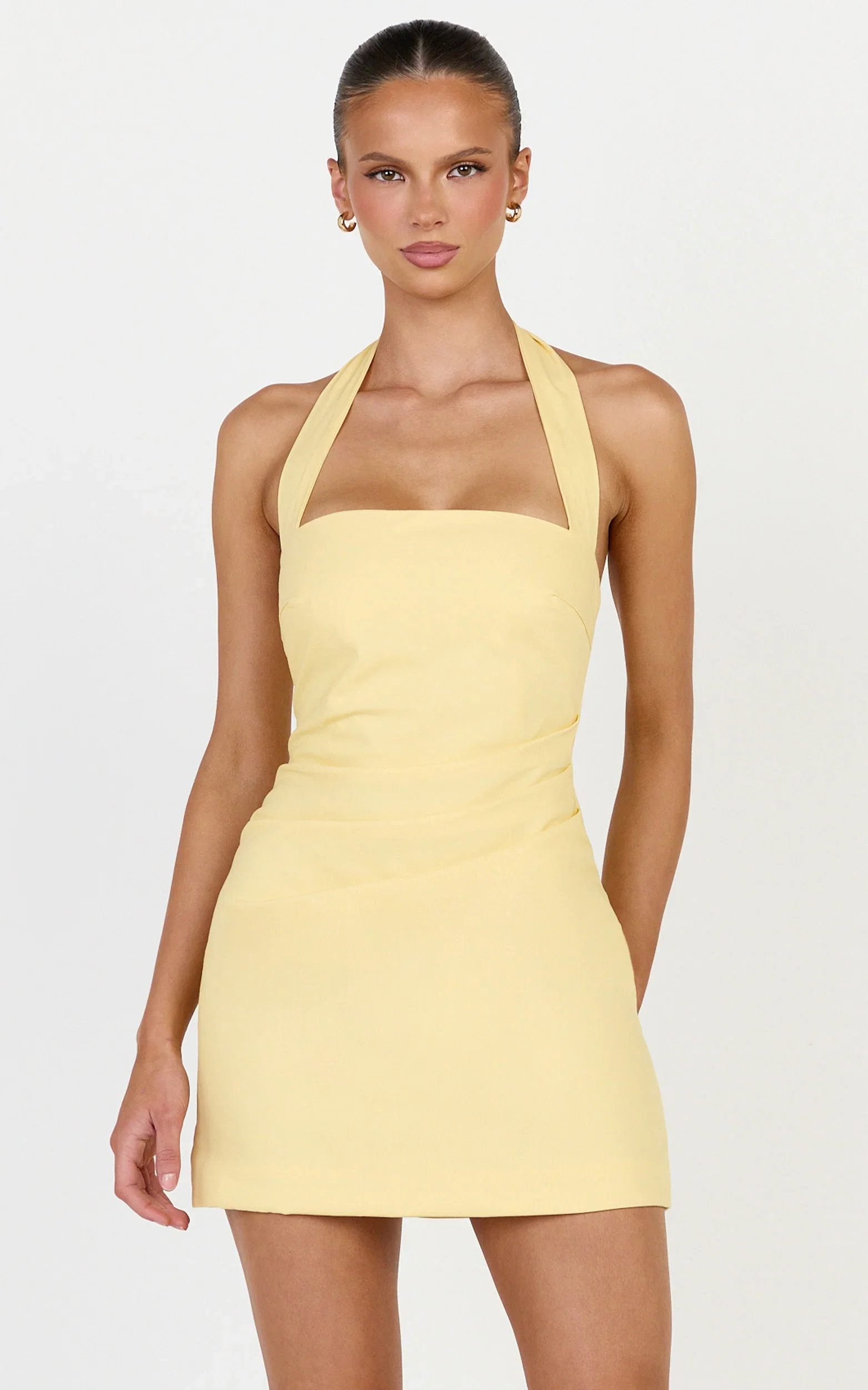 Tamika Mini Dress - Halter Neck Gathered A Line Mini Dress in Yellow