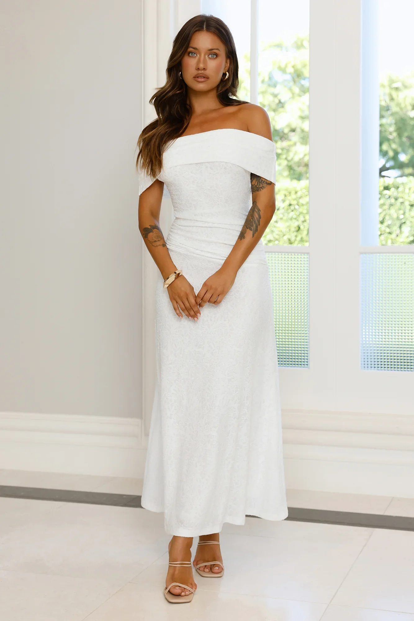 First Class Finish Off Shoulder Maxi Dress Cream - luluinthesky
