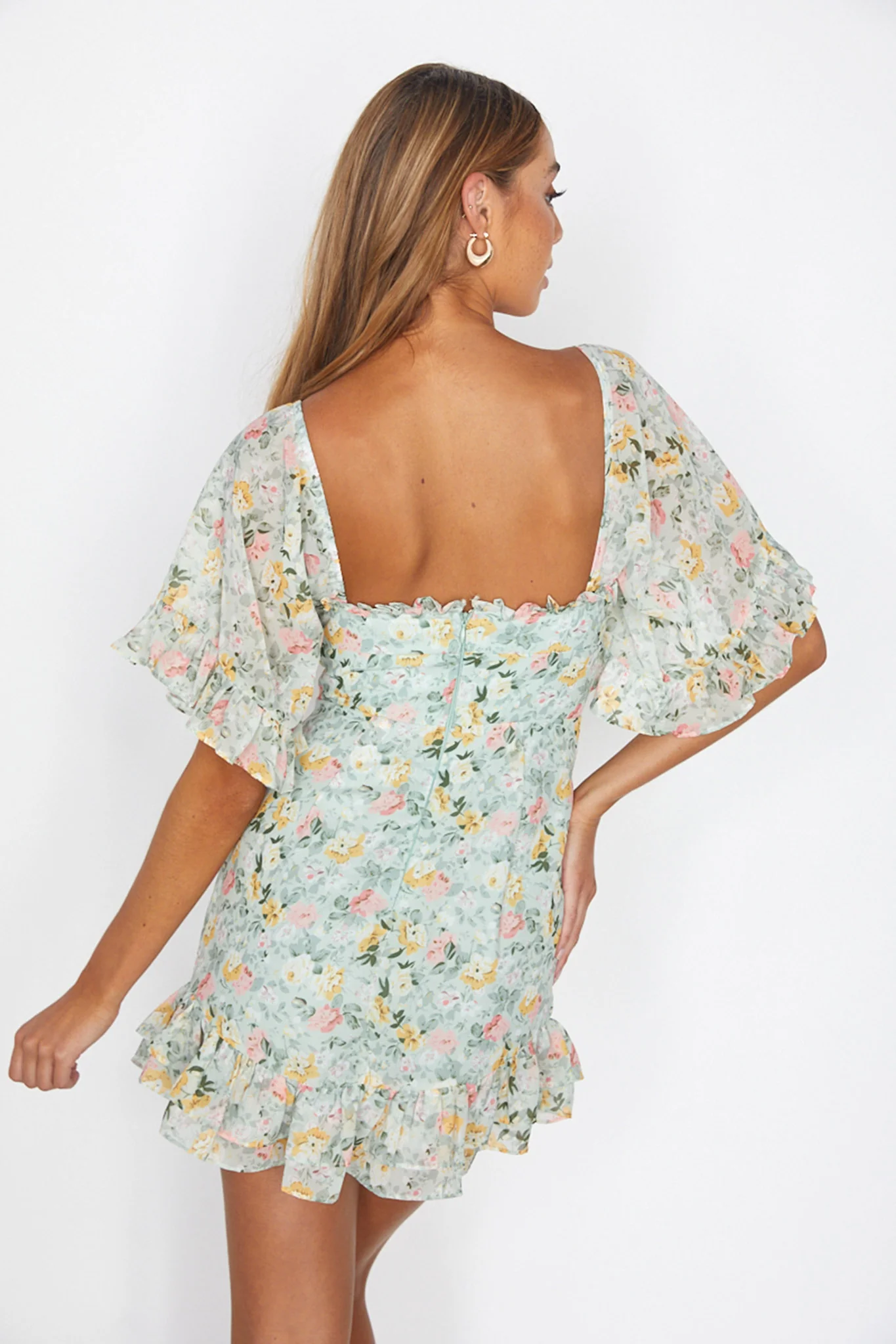 Elorah Frill Trim Mini Dress Floral Green