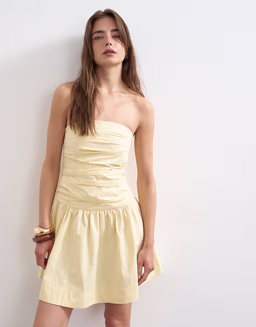Topshop poplin ruched bandeau mini dress in buttermilk