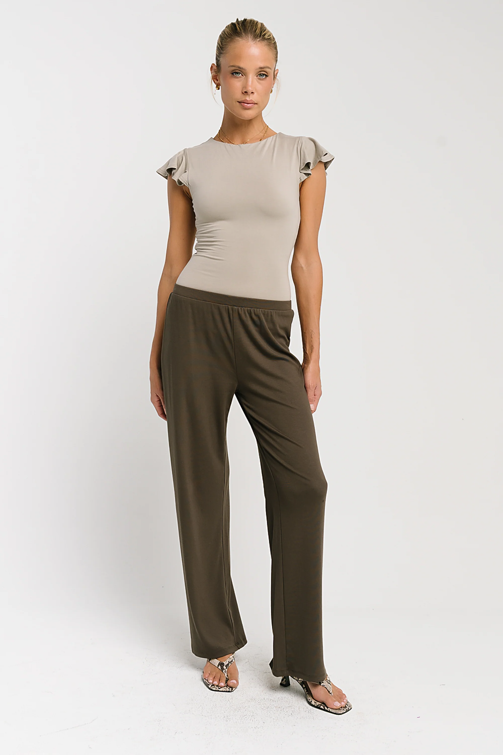 Lydia Ruffle Sleeve Top in Taupe