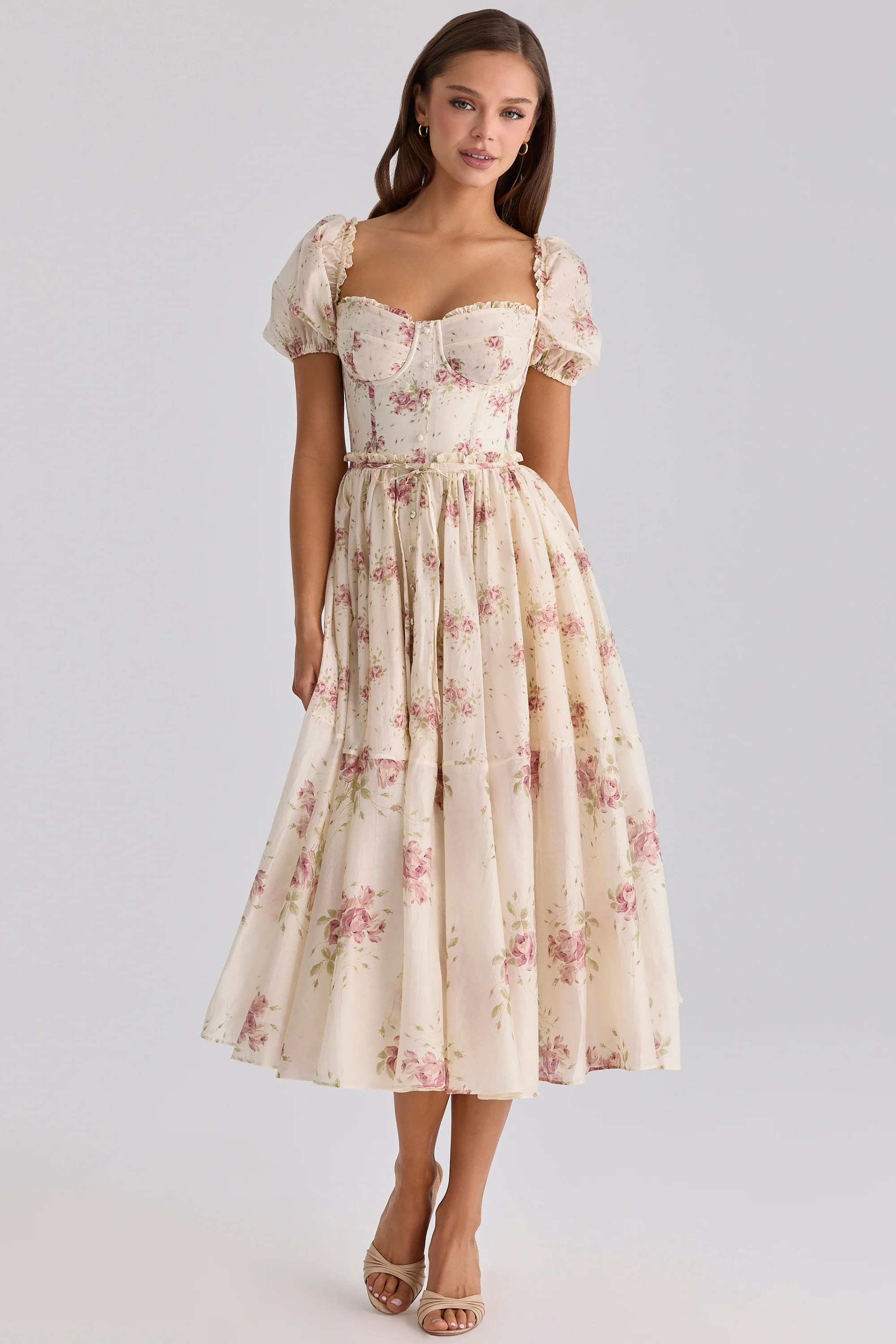 Ivory Vintage Rose Print Chiffon Midi Dress
