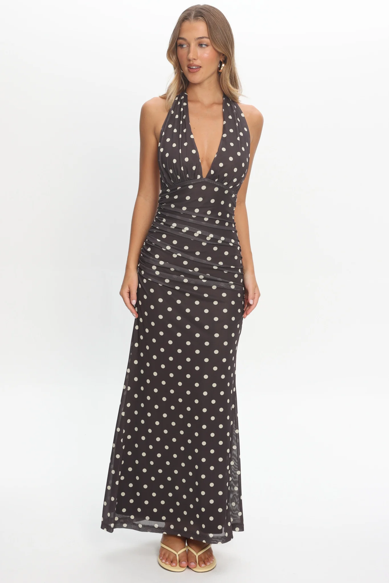 Annorah Halterneck Maxi Dress Polka Dot Chocolate - luluinthesky